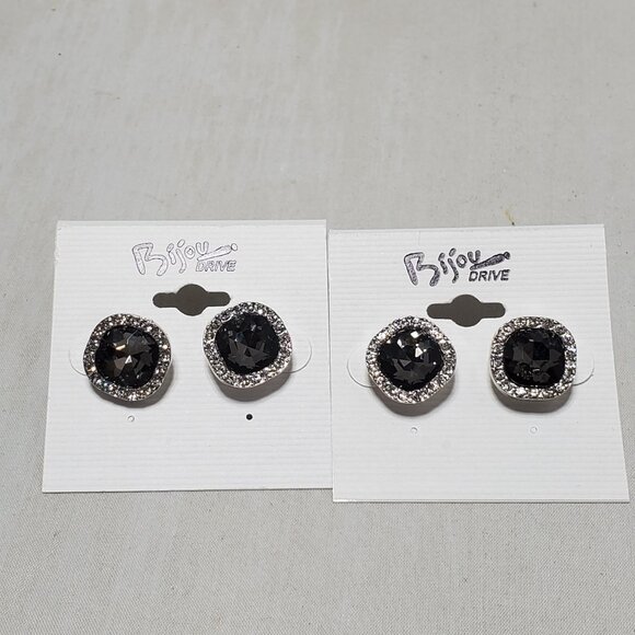 2 PRS of Bijou black gemstone and silver rhinestone earrings 1/2"  diameter - Picture 4 of 4